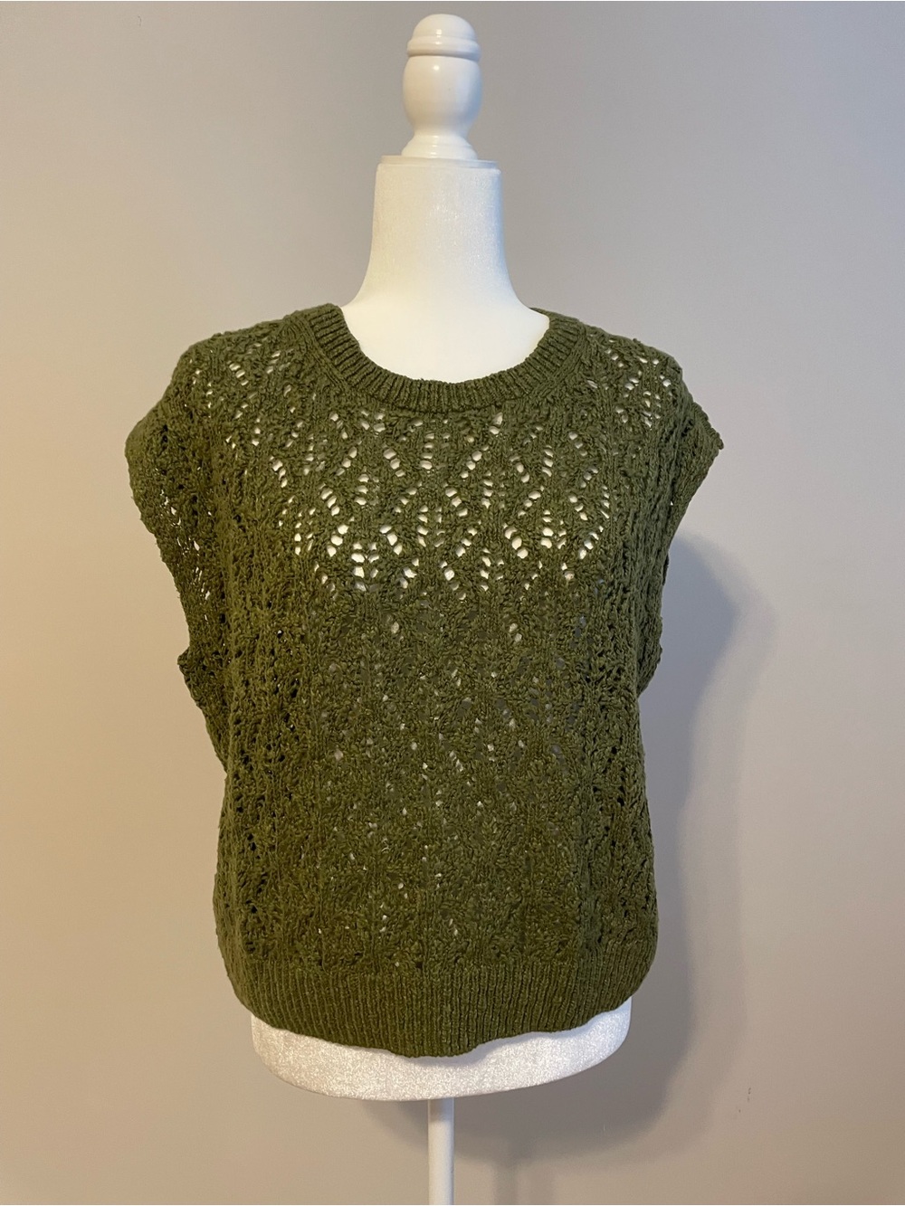 Garnet Hill Olive Green Cotton Open-Knit Sleeveless Sweater